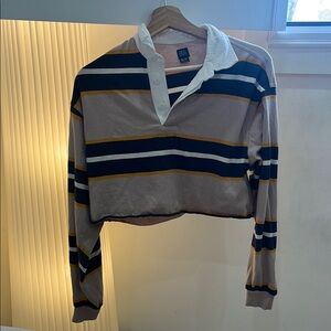 BDG Striped Rugby Top in Navy, White, and Tan